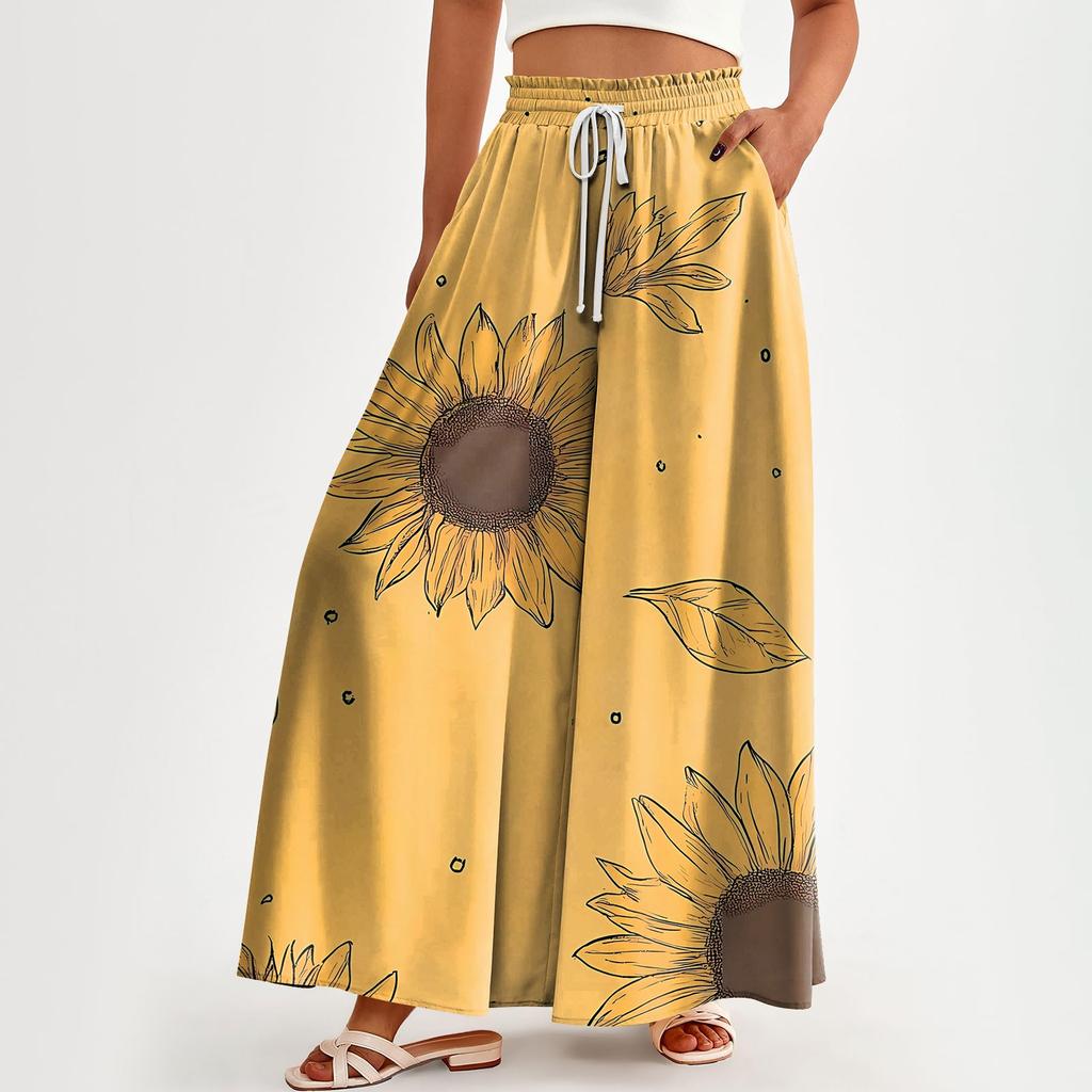 Женские брюки с высокой талией, широкие, повседневные, струящиеся брюки-палаццо, брюки с цветочным принтом и карманом