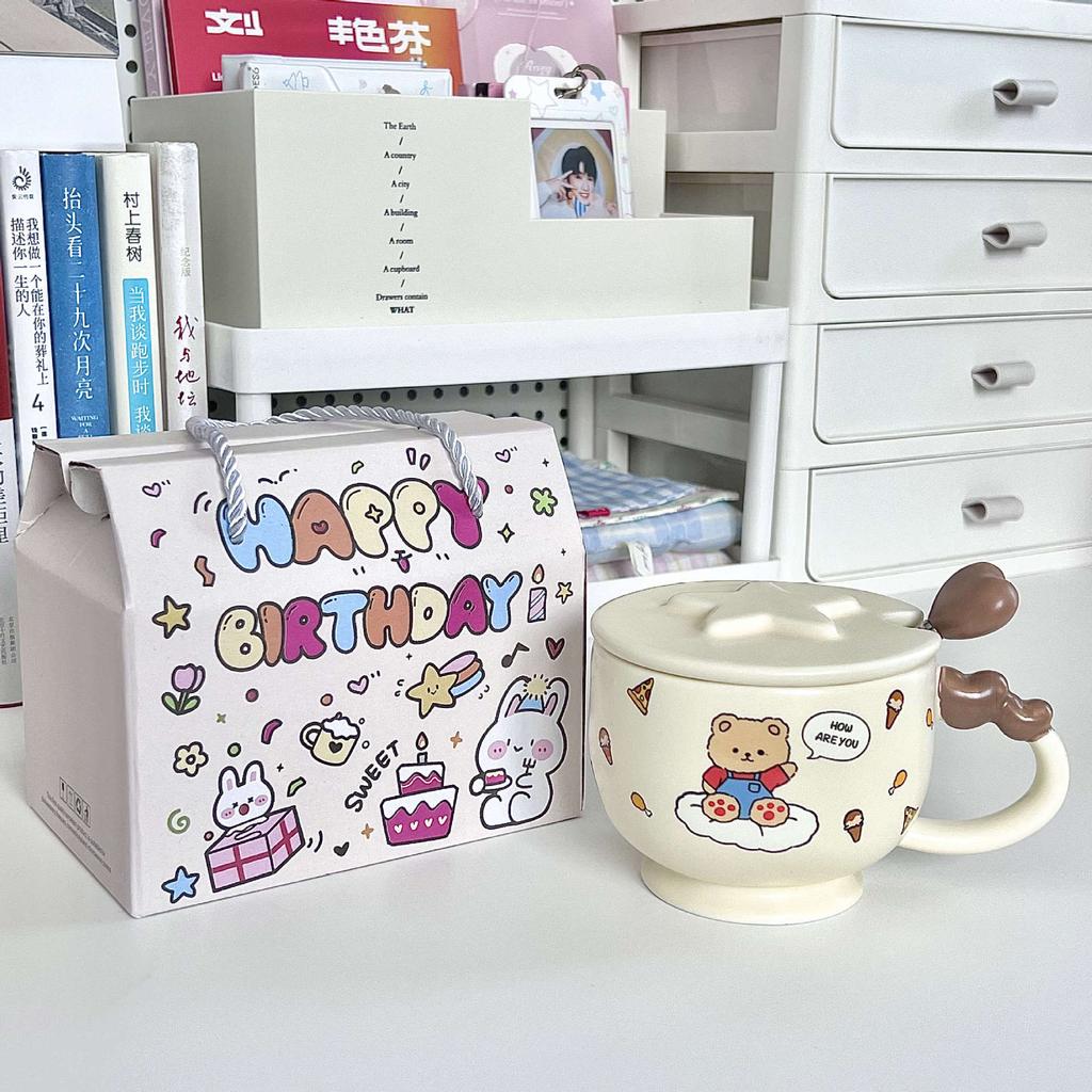 Birthday Gift for Girlfriends Cute Bear and Rabbit Ceramic Mug with Lid Girlfriend Practical Souvenir Gift Box