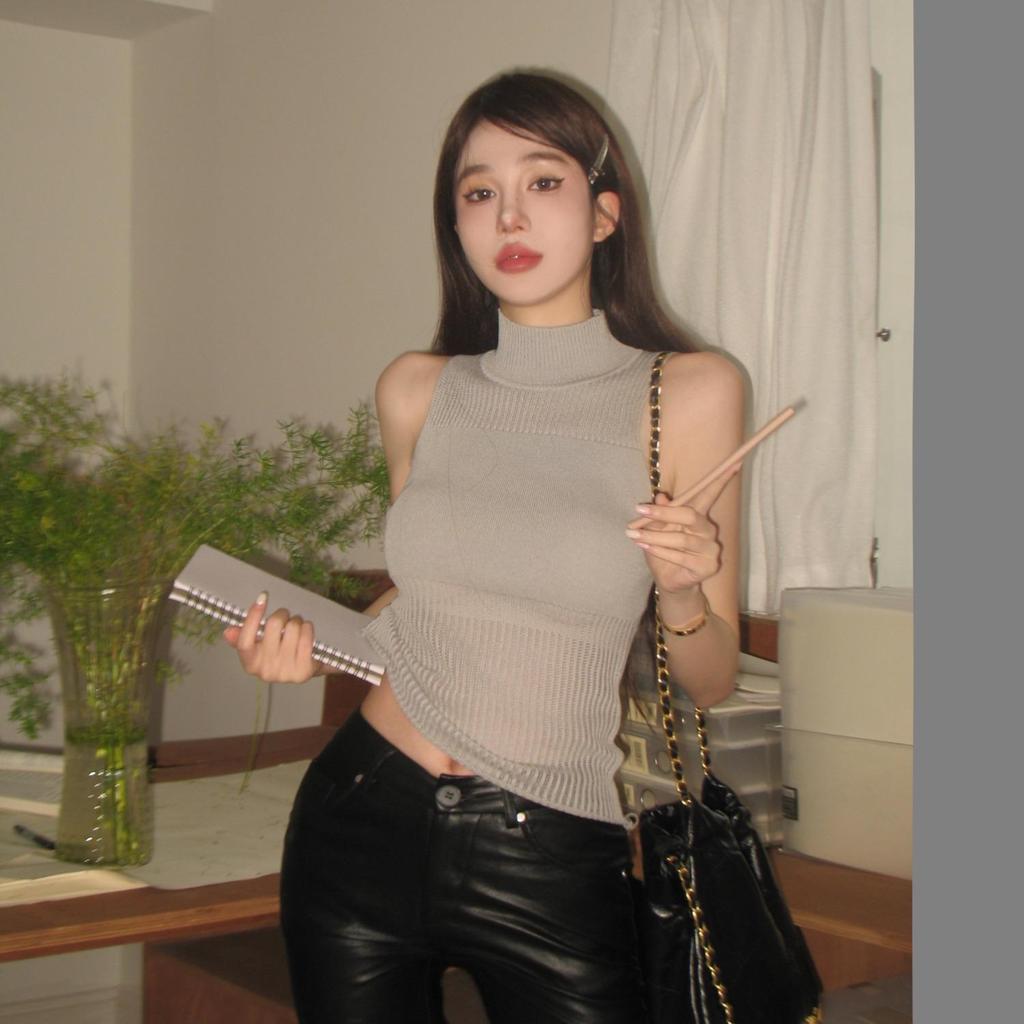 Летний пикантный топ-майка без рукавов с высоким воротом, вязаный кроп-топ - Женский французский ажурный короткий верхний слой