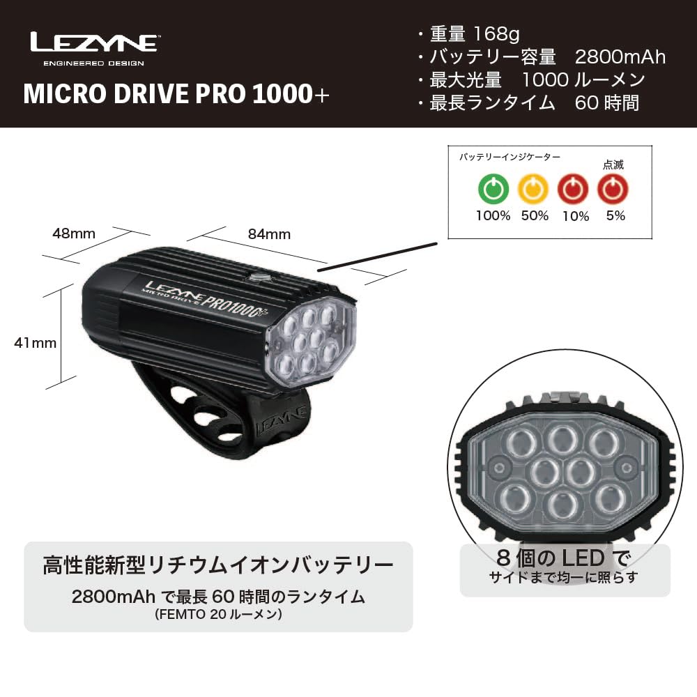 LEZYNE Велосипедный передний фонарь Micro Drive Pro 1000 люменов, черный сатин, MICRO DRIVE PRO, зарядка через USB C, водонепроницаемость IPX7 1000+ []