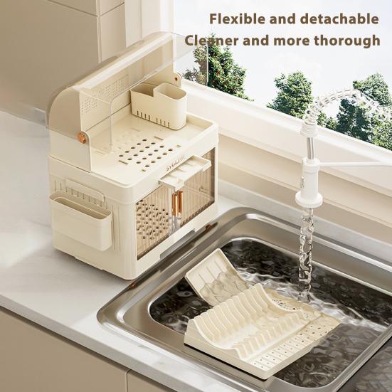 Штабелируемый ящик для хранения посуды, многоярусный органайзер для столовой посуды с прозрачной крышкой, дверцами, крючками, контейнеры для хранения тарелок, чашек, с поддоном для слива