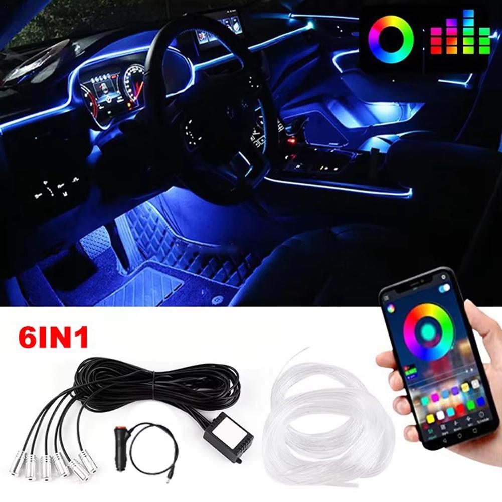 6 In 1 Car Interior LED Ambient Light Strip 6M Fiber Optic Atmosphere Nelon Lighting Kit APP Remote Control Auto Decorative Lamp