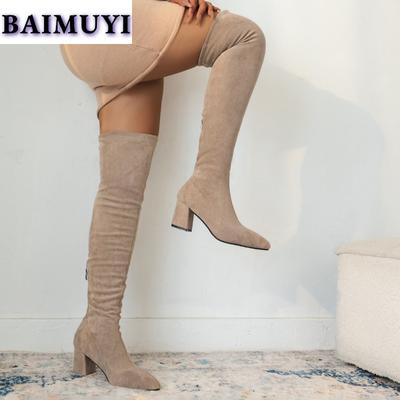 Высокие сапоги выше колена женские туфли с острым носком на высоком каблуке Chelsea Snow Suede Chunky 2024 Trend Winter Warm Botas Mujer Pumps