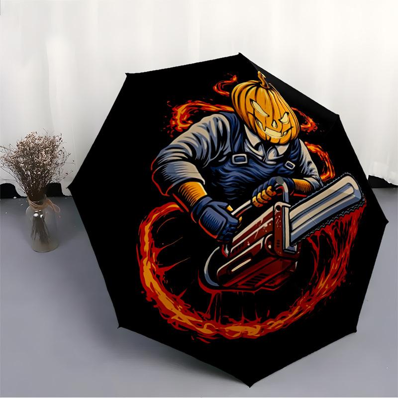 1pc PumpkinChainsaw, HalloweenArt Automatic Open/close, Heavy-Duty Iron Frame & 8-Rib structure, Compact Folding Umbrella for Women/Men, All-Season Tr