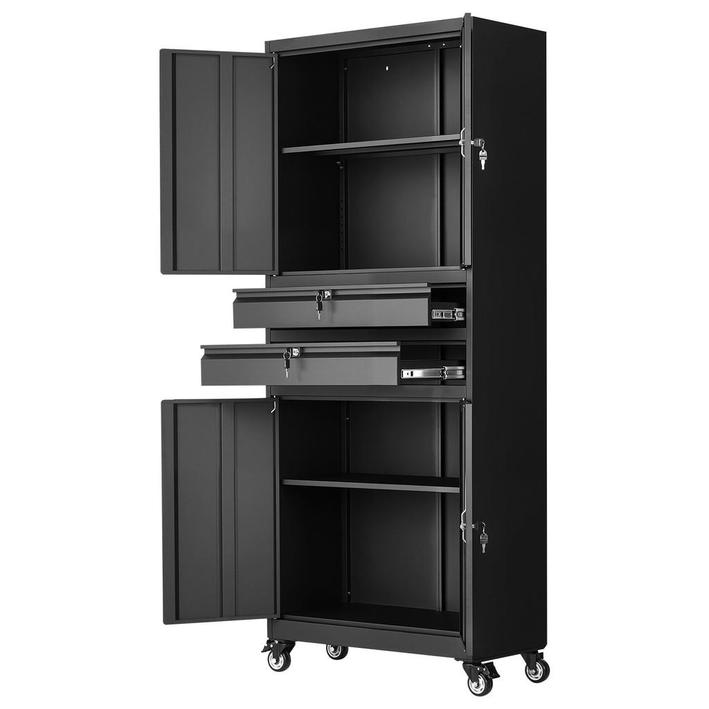 Metal Storage Cabinet with Wheels, 81.5 kg Shelf Load Capacity, 1905 mm Tall Rolling Garage Tool Storage Cabinet with 4 Locking Doors and Adjustable