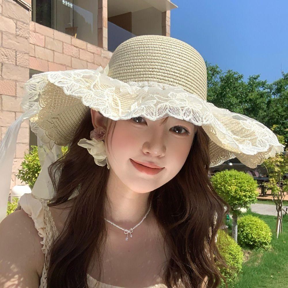 Flower Straw Hat Big Bowknot Wide Brim Hat Lolita Sun Protection Hat Seaside Vacation
