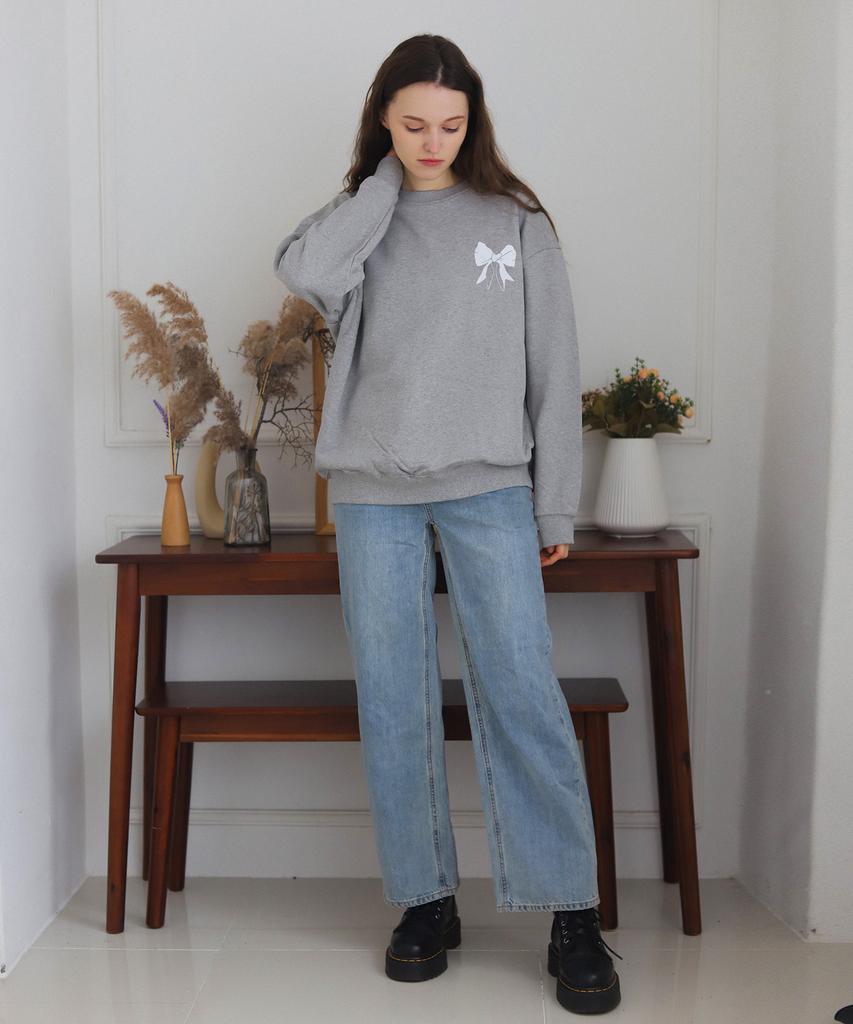 BONIEE [Fleece Lined] Back Ribbon Graphic Oversized Sweatshirt Gray