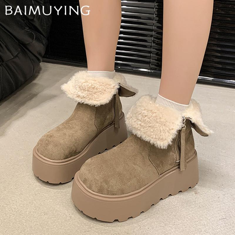 Ботильоны женские на меховой платформе, замшевые короткие, плюшевые, на среднем каблуке, хлопковые туфли, тренд 2025 года, теплые, удобные, на молнии, зимние ботинки для женщин