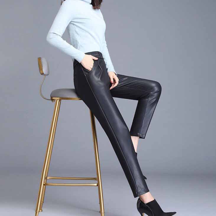 Plus Velvet Thick High Waist PU Leather Pants Women's Loose Wide Leg Pants Nine Points Harem Pants Trousers