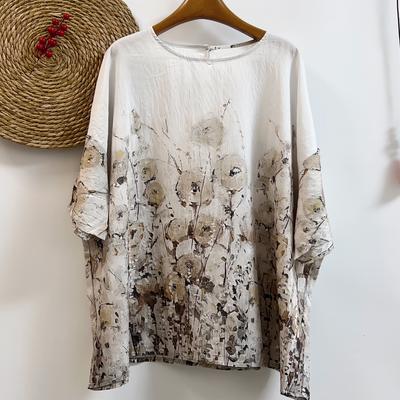 2025 Лето Плюс Размер Новая Футболка Льняная Женская Короткий Рукав Свободный Цветочный Принт Оверсайз Топы Футболки