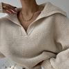Women Knitting Tops Lapel V-Neck Long Sleeve Solid Color Sweater Loose Fit Warm Knitting Tops Knitwear