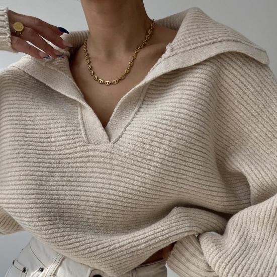 Women Knitting Tops Lapel V-Neck Long Sleeve Solid Color Sweater Loose Fit Warm Knitting Tops Knitwear