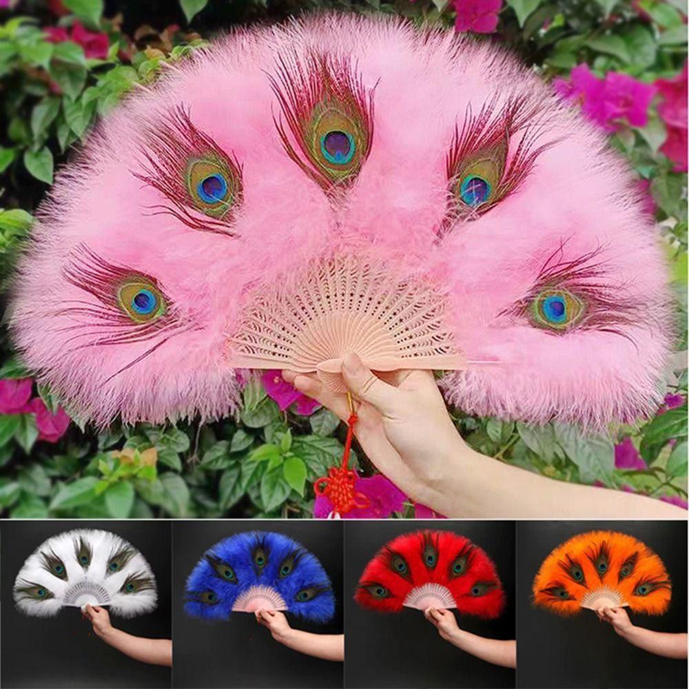 Handheld Peacock Feather Fan With Tassel Feather Dance Fan Folding Hand Fan Home Decoration