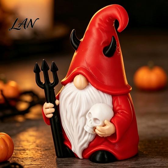 Spooky Garden Statues for Outdoor Halloween Devil Gnome Statue, 3D Printed Red Hat Figurine, Gothic Handmade Crafts Dwarf Tabletop Ornament