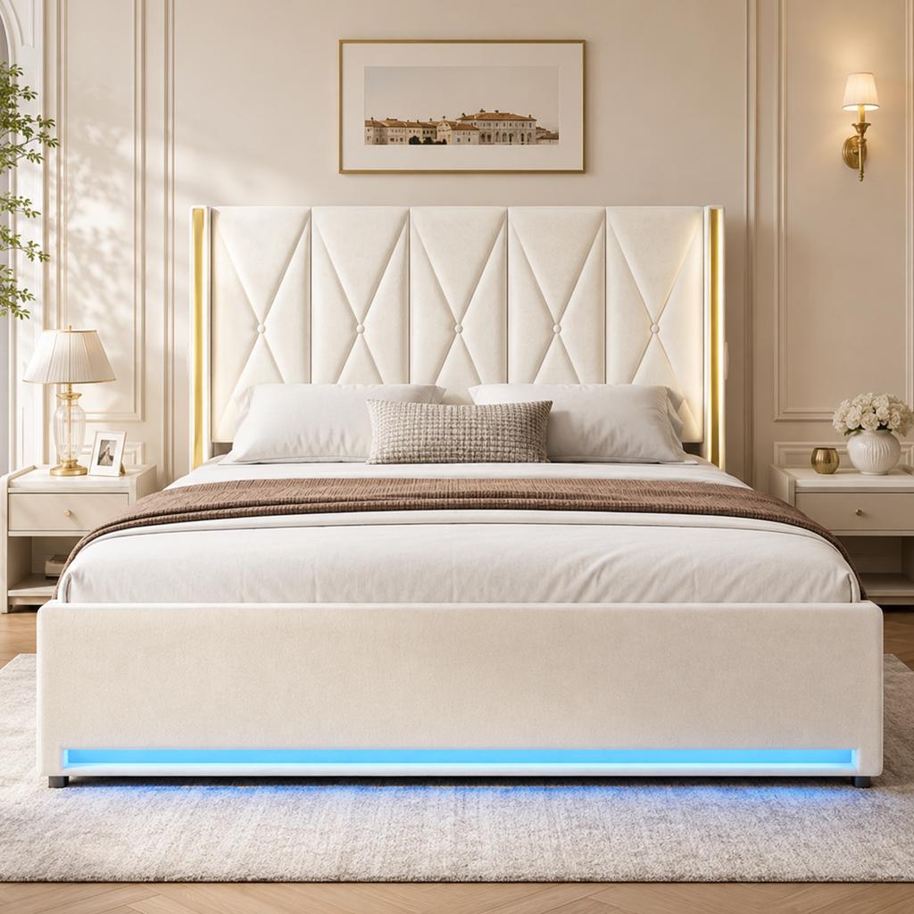 Velvet Bed with High, Padded and Quilted Headboard, Side Pockets, USB & LED, Hydraulic Lift System & Large Under-Bed Storage. 180×200cm