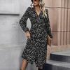 Women Autumn Winter Long Sleeve Print Elegant V-neck Casual A-Line Ankle-Length High Waist Dress