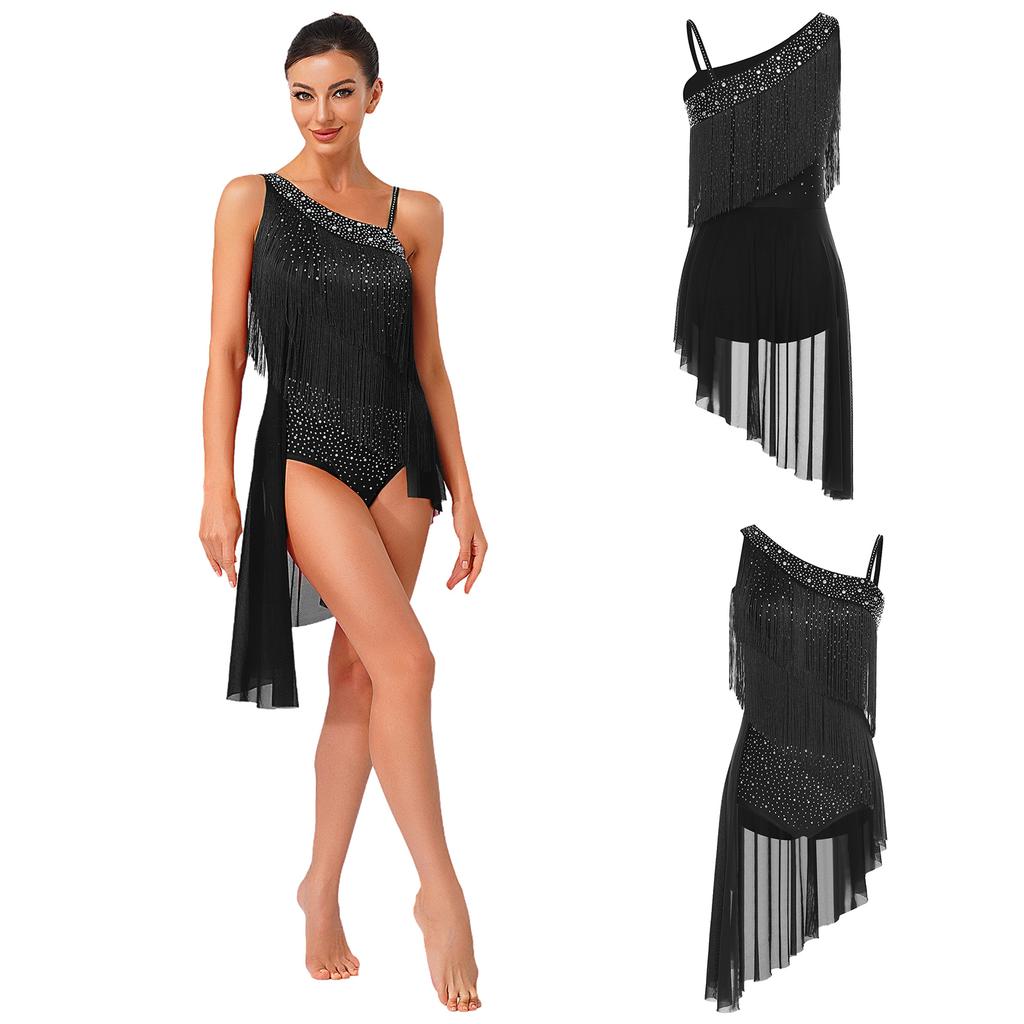 Glitter Rhinestone Asymmetrical Tassel Dress Openable Crotch Leotard with Irregular Hem for Women Latin Tango Competition