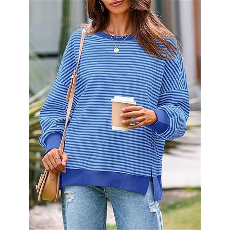 Women Striped Crew Neck Sweatshirt Loose Oversized Long Sleeve Pullover Casual Daily Blouse Top