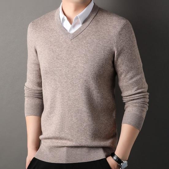 Осень-зима мужской свитер с V-образным вырезом, трикотажный однотонный эластичный пуловер средней длины, формальный деловой стиль, свитер
