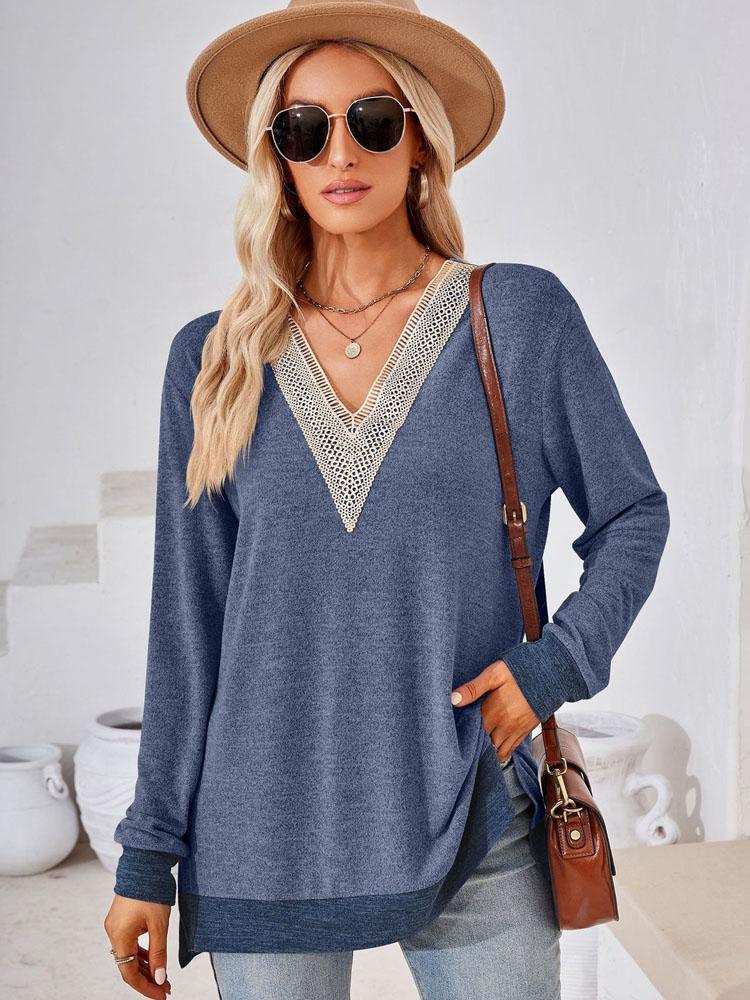 Элегантная и классическая универсальная и удобная осенне-зимняя свободная однотонная футболка с V-образным вырезом и кружевом, женская футболка с длинным рукавом