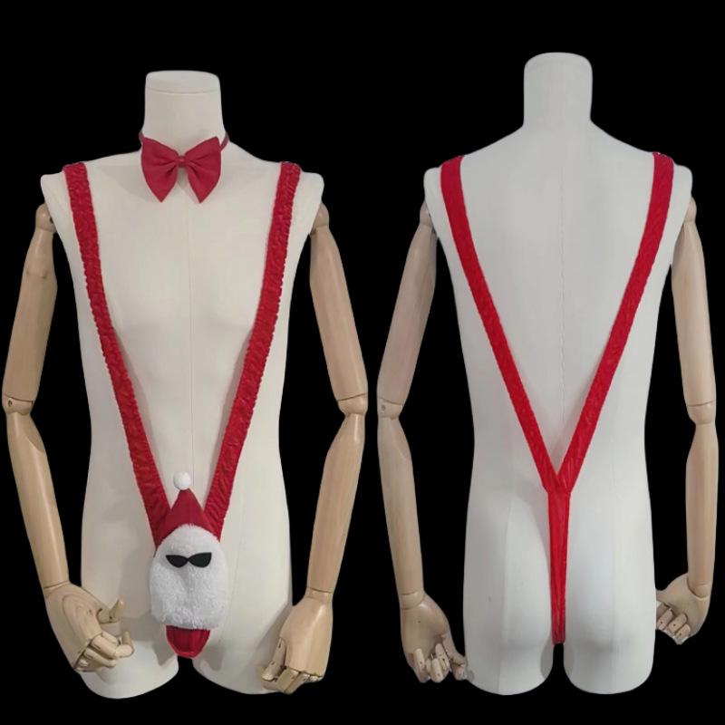 Мужской косплей Санта-Клауса Боди с V-образным вырезом и подтяжками