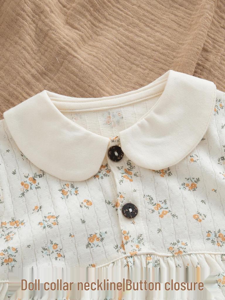 Летний хлопковый комплект из двух предметов для девочек с цветочным принтом: Дышащая, Ультратонкая футболка с коротким рукавом и увеличенной областью для подгузника для младенцев