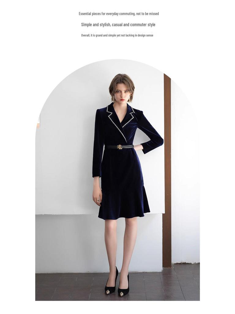 2024 Ранняя осень Темно-синее бархатное женское формальное платье с оборками и длинными рукавами