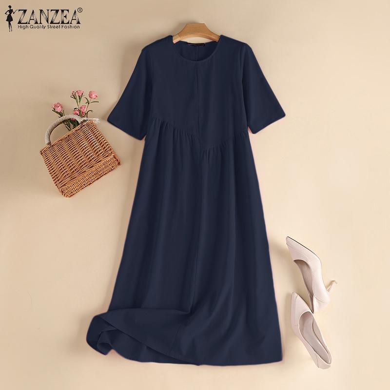 ZANZEA Летнее повседневное свободное платье с круглым вырезом и короткими рукавами