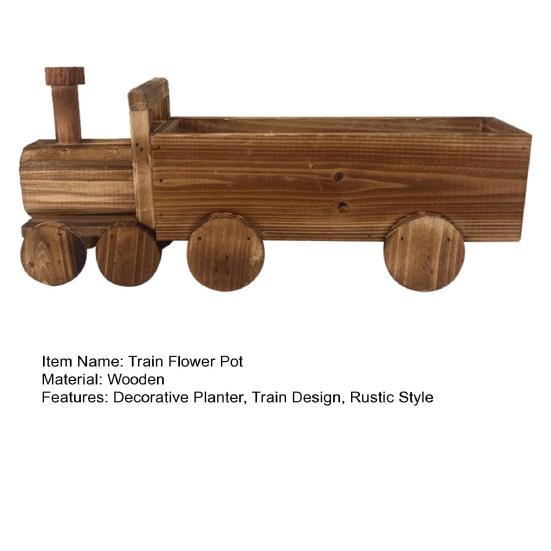 Train Flower Pot Wooden Vintage Bonsai Planter Home Garden Decor Rustic Plant Pot with Drainage Hole for Patio Balcony
