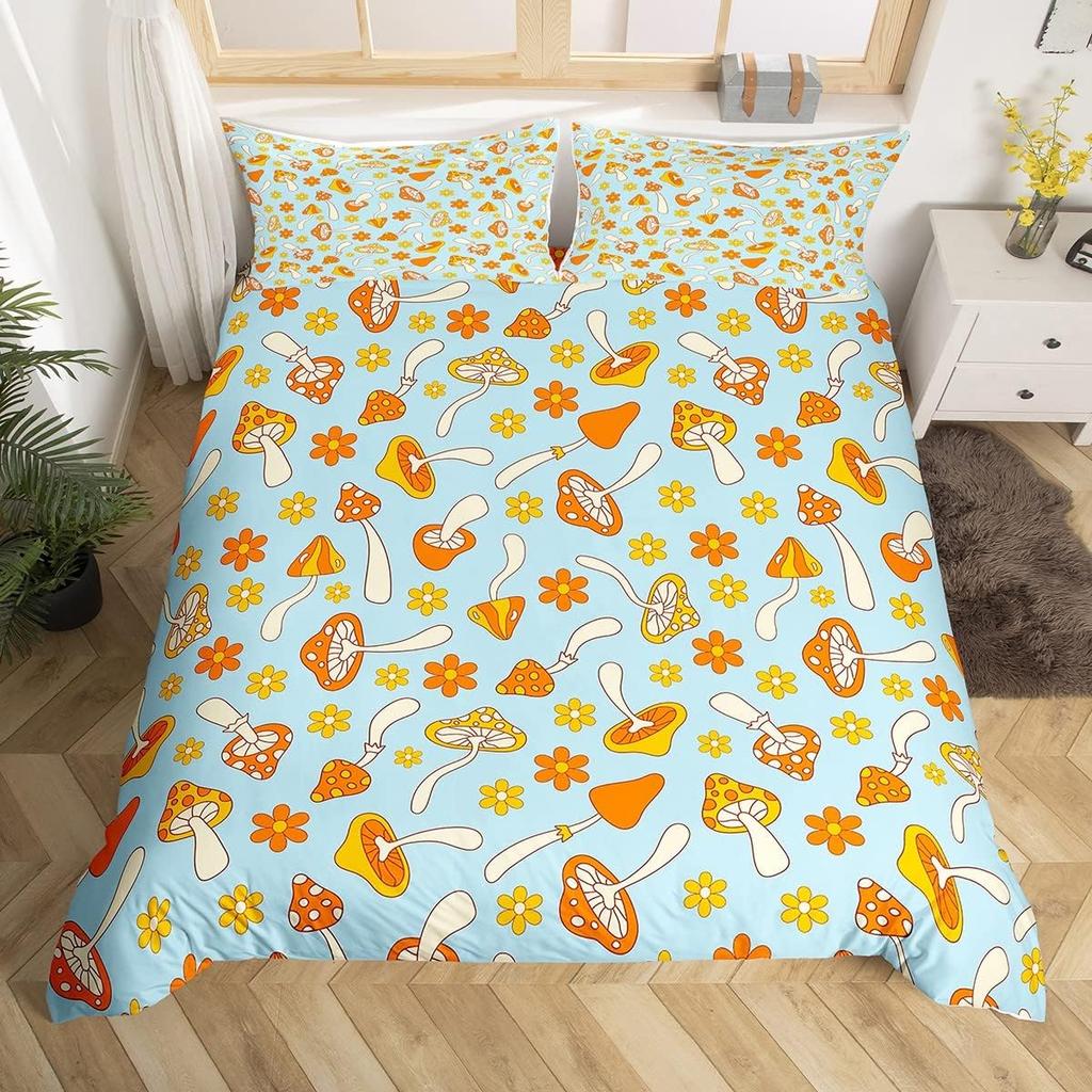 Retro 60S 70S Groovy Flower Duvet Cover,Colorful Hippie Floral Bedding Set Queen,Cartoon Rainbow Mushroom Daisy Comforter Cover