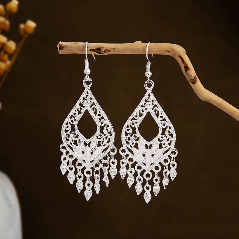 Bohemian Long Leaf Tassel Earrings - Imitation Silver, Miao Ethnic Style