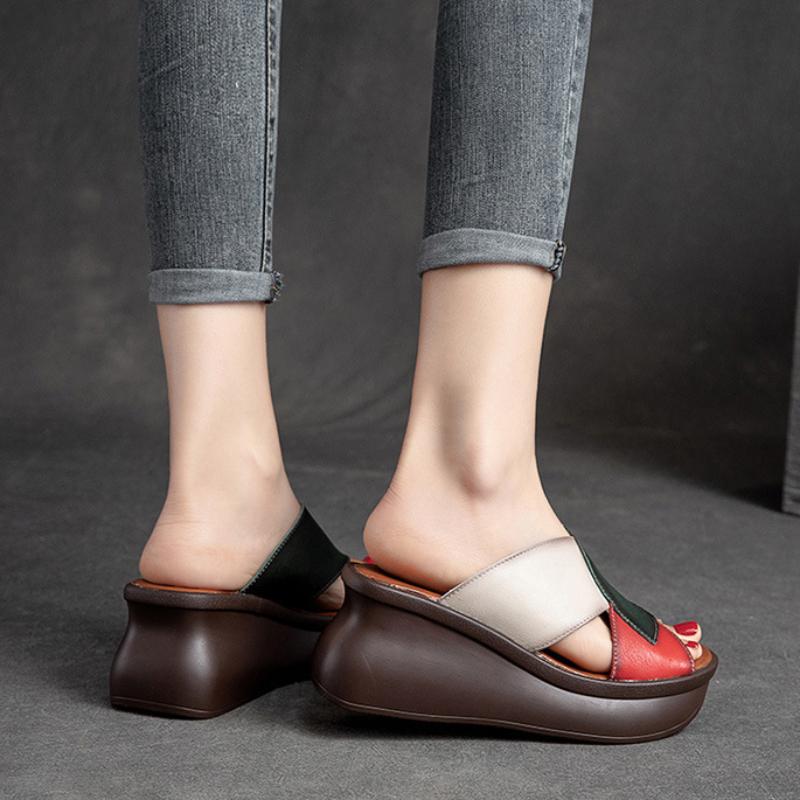 Johnature Женские тапочки на танкетке с открытым носком в стиле ретро, ​​шлепанцы из натуральной кожи на толстой подошве, модная обувь на платформе