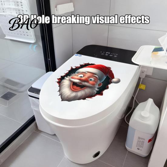 Waterproof Bathroom Wall Stickers Funny Santa Toilet Sticker, Christmas Lid Decal, Self-Adhesive, 3D Holiday Hole PVC Sticker for Tank Interior Decor