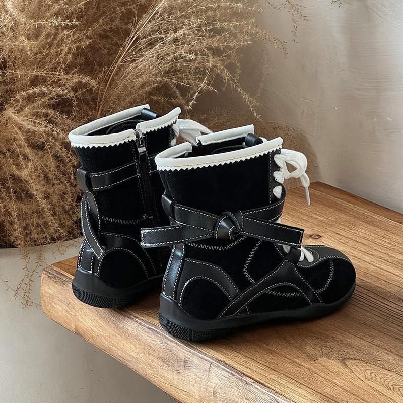 Youth style shoes Kids Retro Mid-Calf Boots Boys Girls PU Leather Side Zip Soft Sole Western Style Casual Shoes Winter