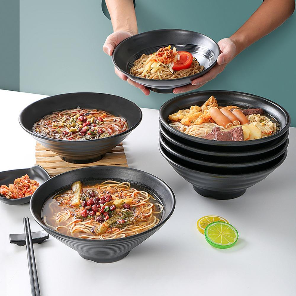 Soup Bowls Melamine Ramen Bowl Ring Stripes Pure Black Fruit Salad Bowl Japanese Style Large Capacity Noodle Bowl Rice