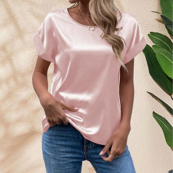 O-Neck Short Sleeve Loose Fit Women T-shirt Solid Color Smooth Satin Tops Streetwear