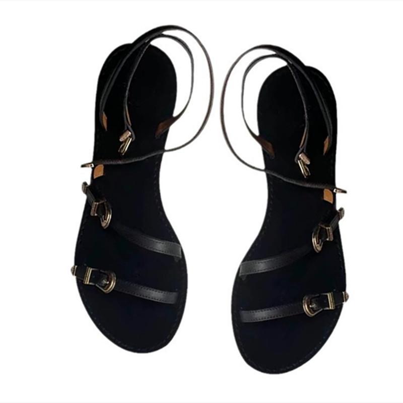 Fashion Fashion Multi Metal Buckle Design Flat Sandals Women Summer Sexy Open Toe Ankle-Wrap Beach Roman Sandals Elegant Dress Shoes