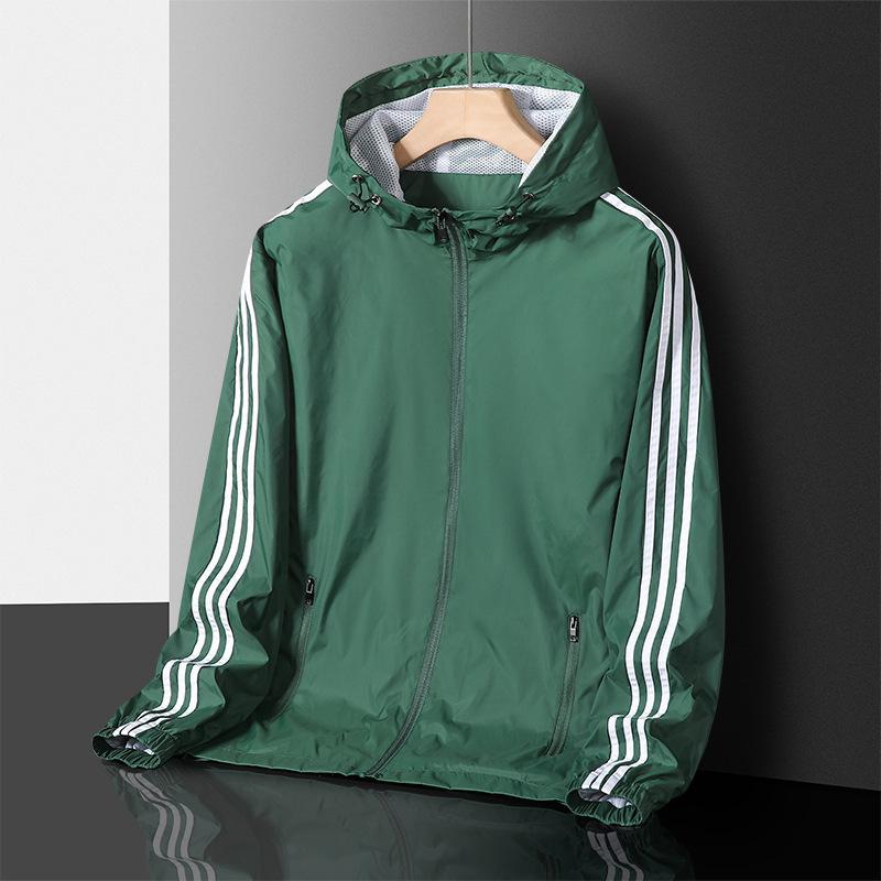 Men's Casual Sports Windbreaker for Spring and Autumn, Thin Design with Three Stripes, Loose Fit, Plus Size Hooded Jacket, Cardigan Jacket