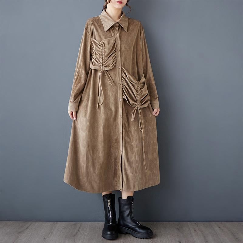 Длинный рукав Плюс размер Вельвет винтажный новый в платьях для женщин повседневный свободный весна осень платье-рубашка
