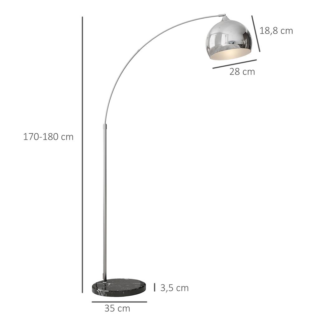 Arc Lamp, Floor Lamp, Height-Adjustable, Foot Switch, Base in Marble Look, 170-180cm, Silver/Black