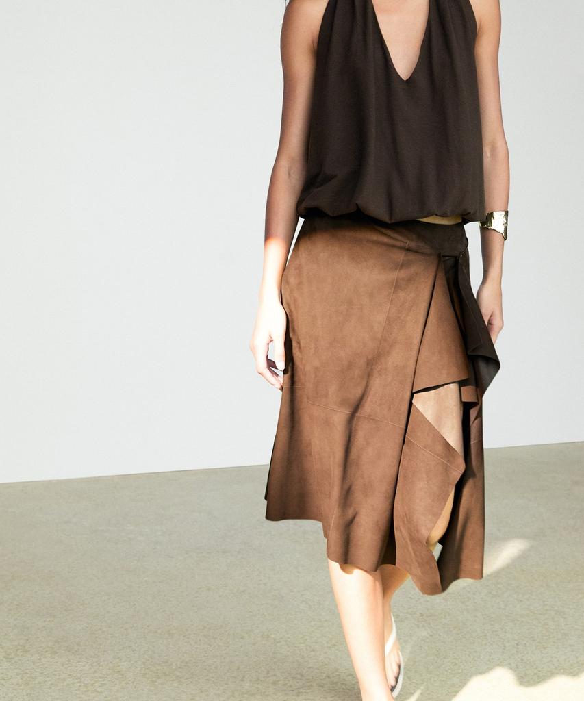 Masimodutti Suede Leather Ruffle Detail Midi Skirt