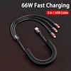 1PC 3 In 1 66W 6A Fast Charging USB Type C Cable Micro USB Cable Charger
