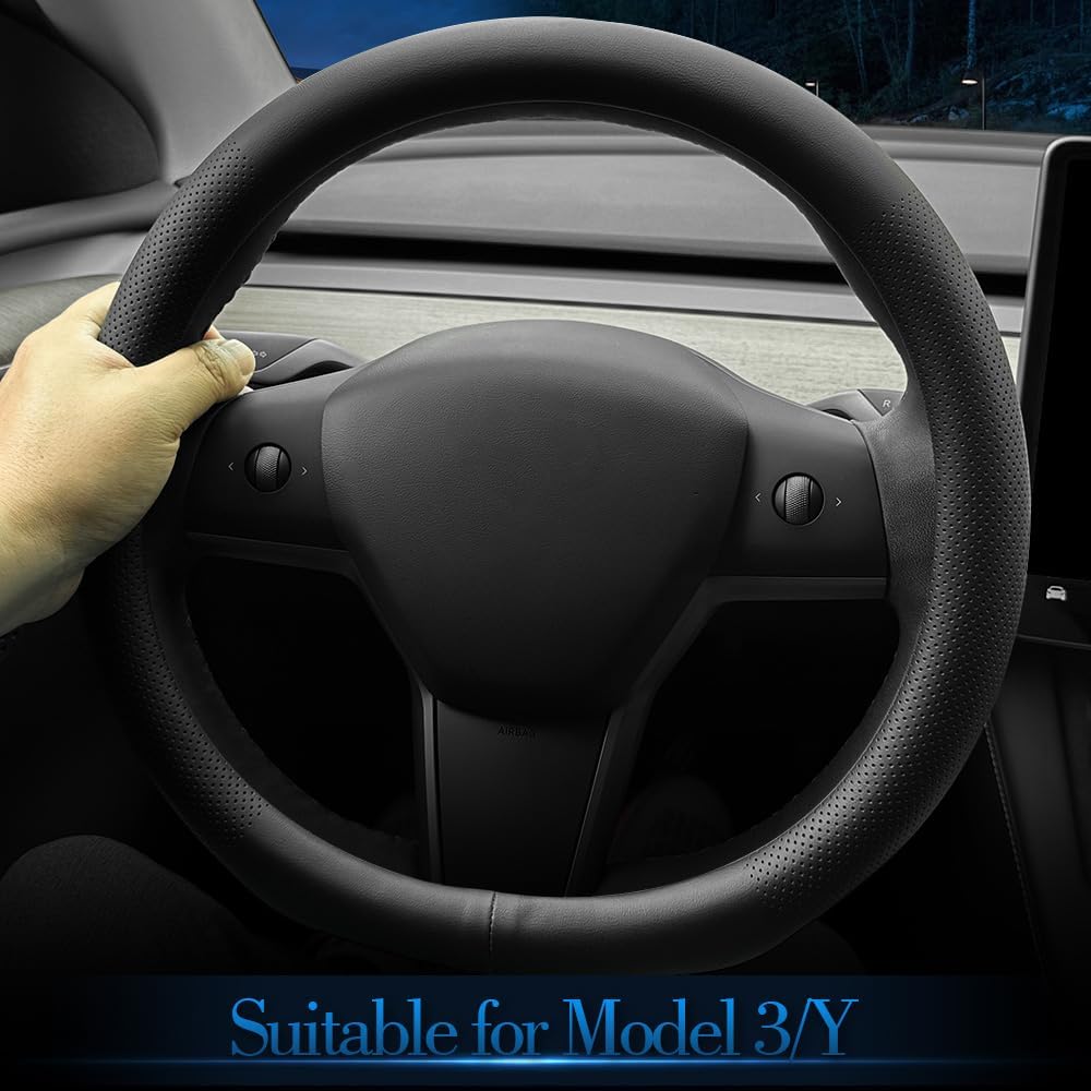 LKWLIKEI Nappa Leather Ultra-Thin Steering Wheel Cover, For Tesla Model 3/Y Steering Wheel Cover, Non-Slip Design And Interior Modification Of Car