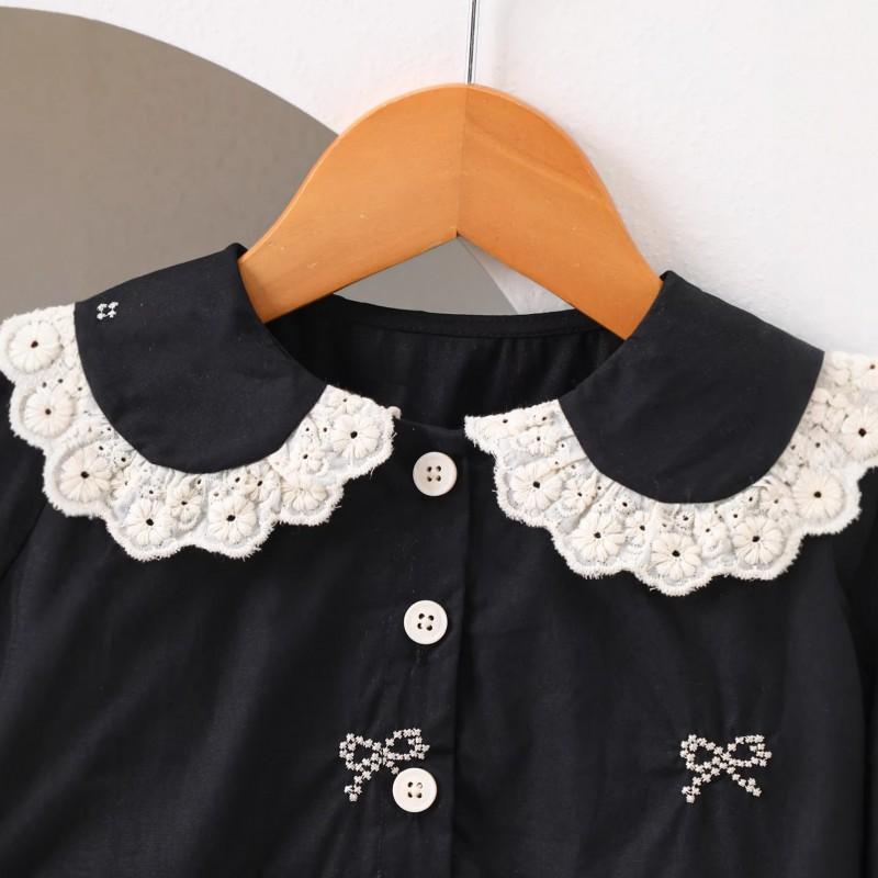 Baby Girls Long Sleeve Dress Floral Embroidery Bow Ruffle Collar Black Princess Kids