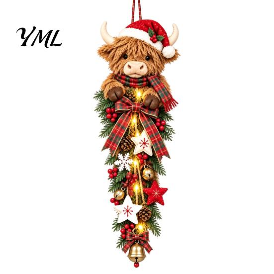Traditional Red Green Holiday Ornament Lighted Highland Cow Christmas Door Swag, LED Hanging Decor with Plaid Ribbon Vertical Wreath And Berries,