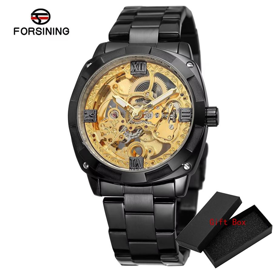 Fashion Top Forsing Brand Transparent Skeleton For Men Mechanical Automatic Man Watch Luxury Design Engraving Relogio Masculino