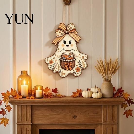 Cute Ghost Gift for Home Bow Hanging Sign, Rustic Retro Floral Door Sign with Pumpkin Halloween Party Background Decor Basket, Vintage Wooden Pendant