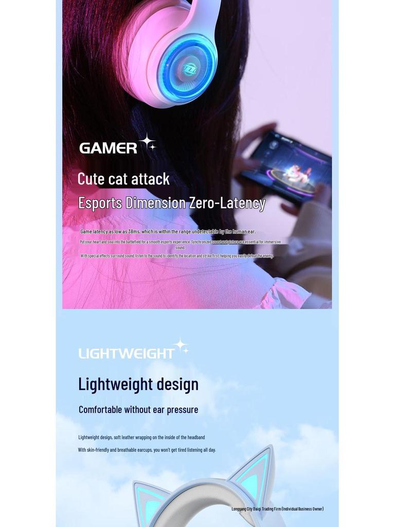 Светящиеся беспроводные Bluetooth накладные наушники с кошачьими ушками 2025 - Игровые и спортивные, Тяжелый бас, Совместимы с мобильными устройствами и ПК