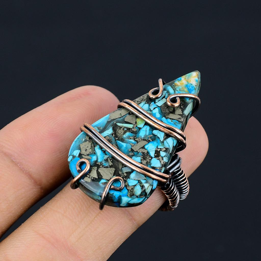 Кольцо ручной работы из медной проволоки с натуральным медным бирюзовым камнем, размер 7 j0d92