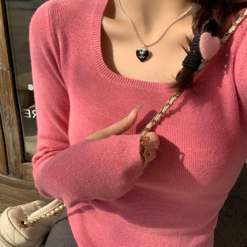 Low Neck Base Sweater for Women's Fashion Sweater Slim Fit Square Neck Knitted Sweater with An Inner Pullover Top